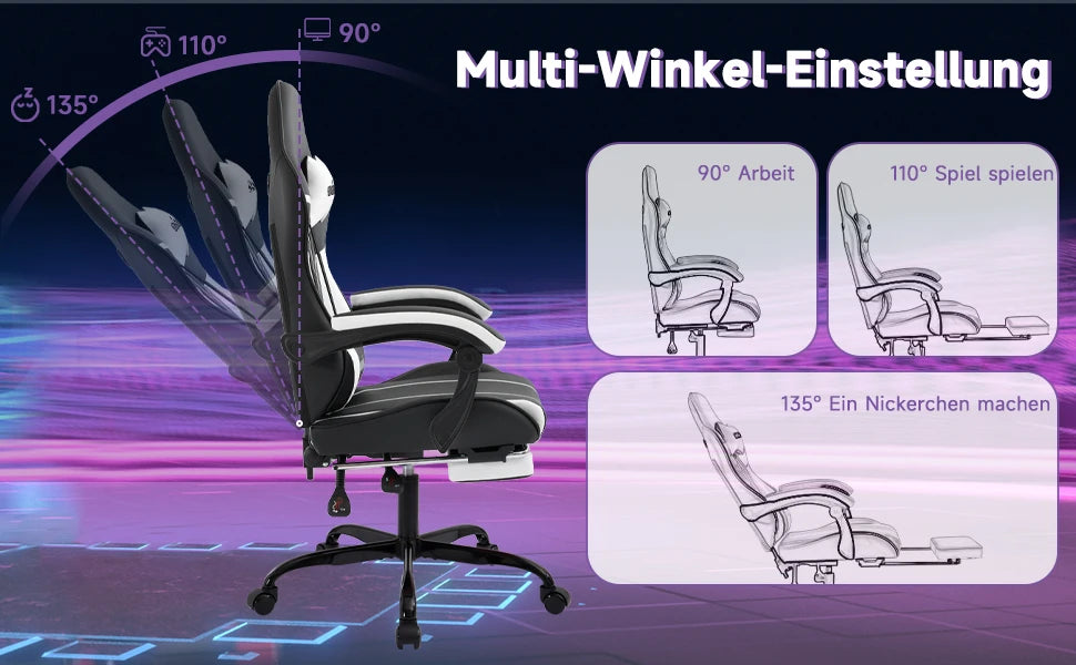Comfortable black-white gaming flesh with footrest & back support, ergonomic design for home office & long sessions