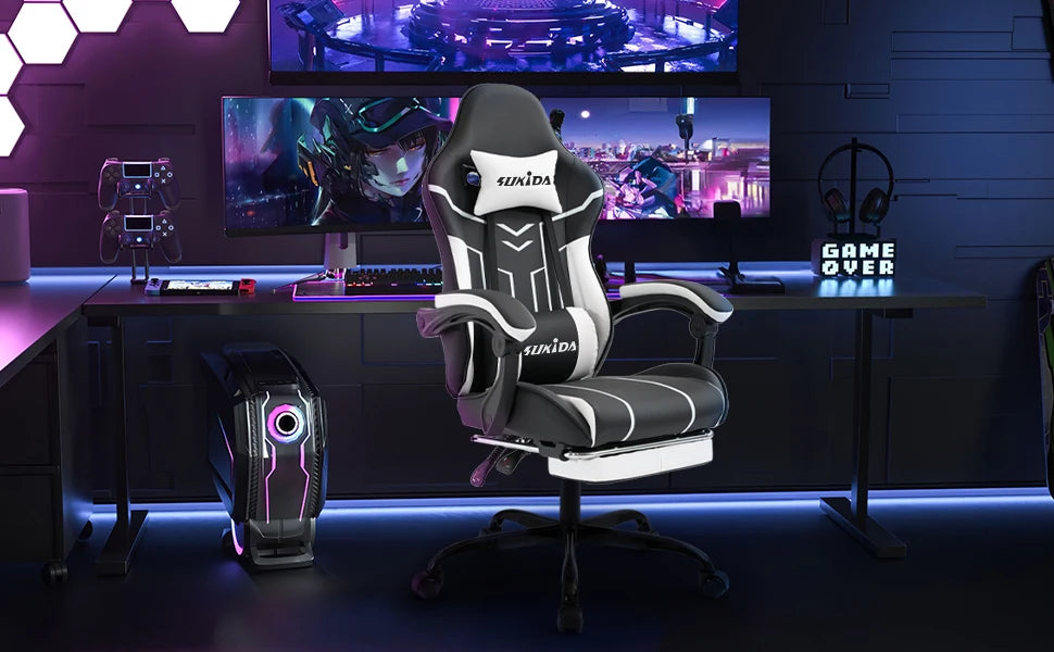 Comfortable black-white gaming flesh with footrest & back support, ergonomic design for home office & long sessions