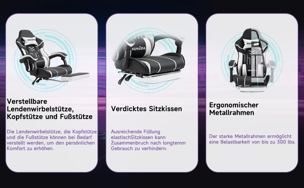 Comfortable black-white gaming flesh with footrest & back support, ergonomic design for home office & long sessions