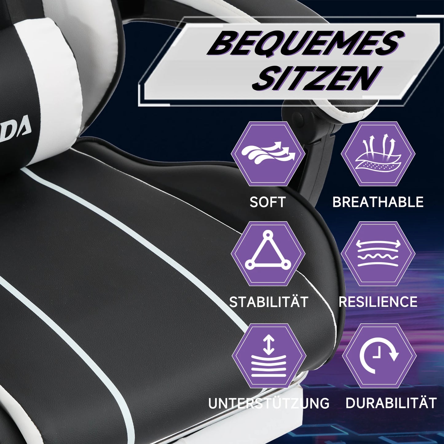 Comfortable black-white gaming flesh with footrest & back support, ergonomic design for home office & long sessions