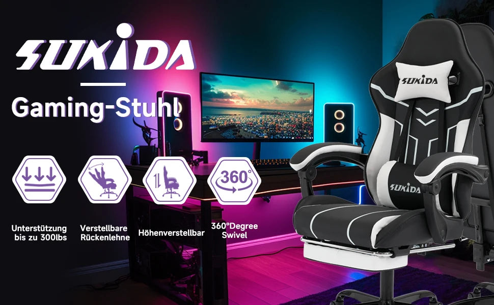 Comfortable black-white gaming flesh with footrest & back support, ergonomic design for home office & long sessions