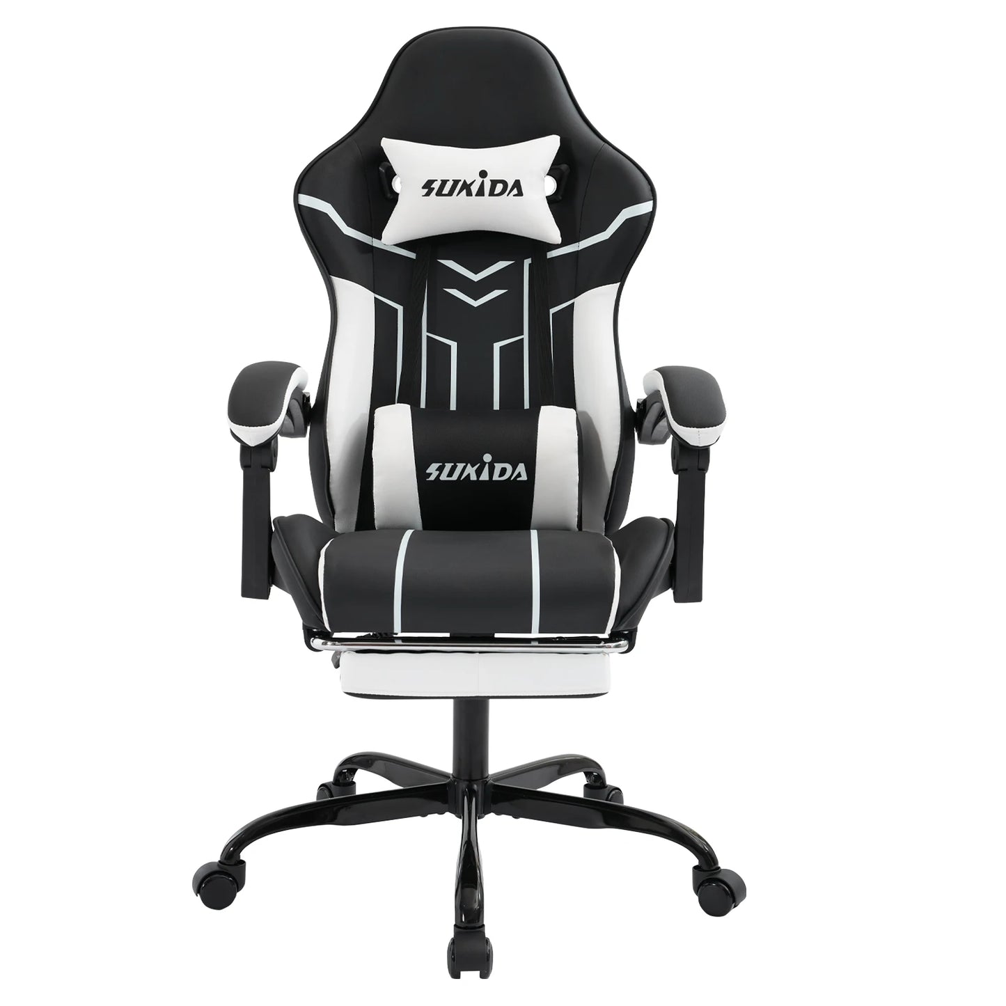 Comfortable black-white gaming flesh with footrest & back support, ergonomic design for home office & long sessions