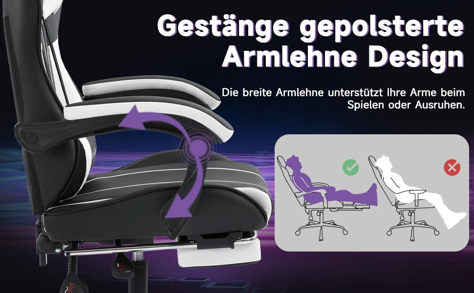 Comfortable black-white gaming flesh with footrest & back support, ergonomic design for home office & long sessions