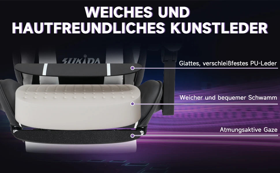 Comfortable black-white gaming flesh with footrest & back support, ergonomic design for home office & long sessions