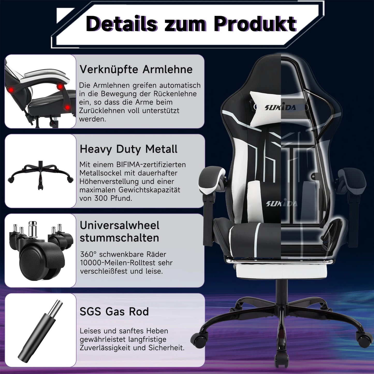 Comfortable black-white gaming flesh with footrest & back support, ergonomic design for home office & long sessions