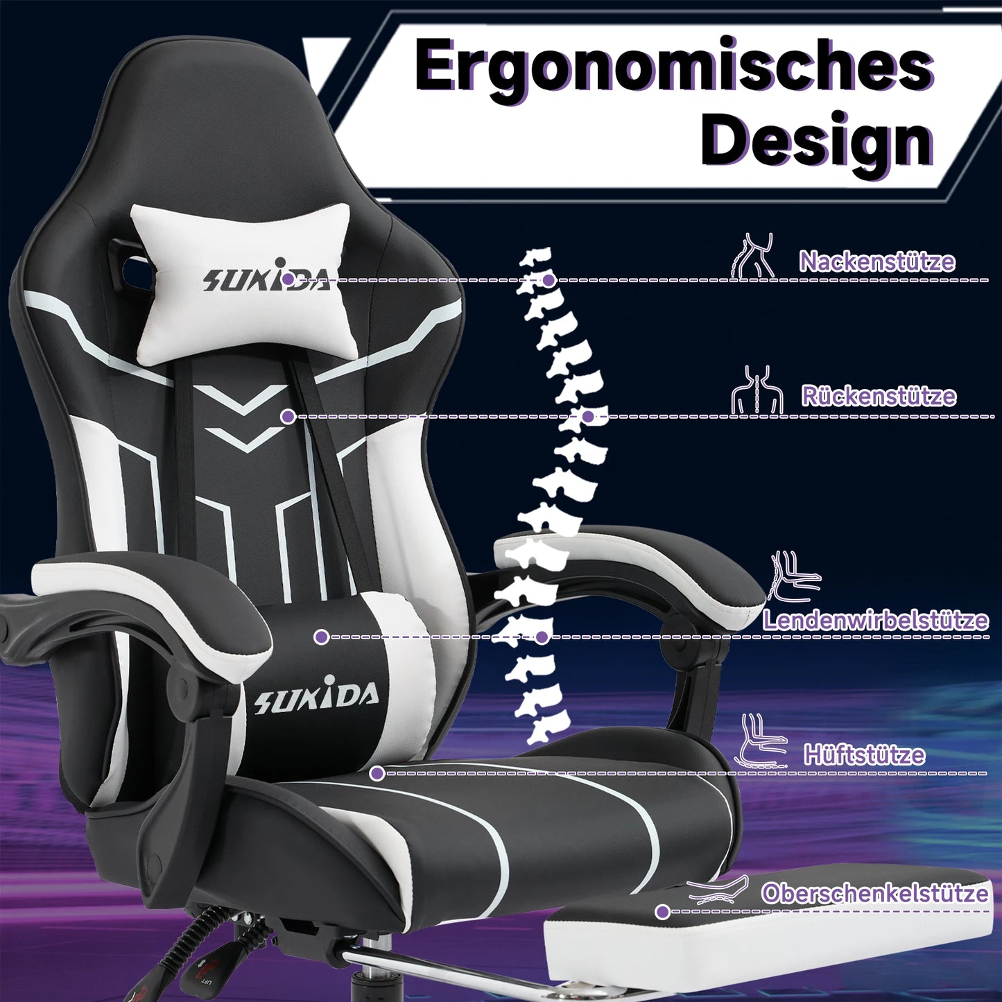 Comfortable black-white gaming flesh with footrest & back support, ergonomic design for home office & long sessions