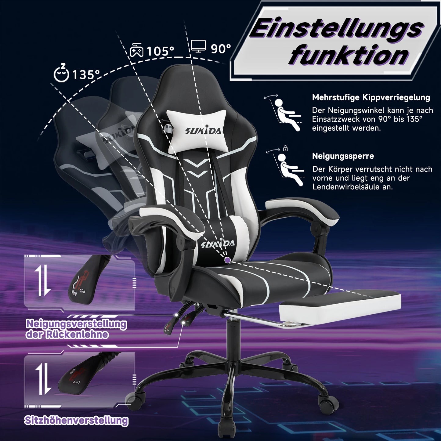 Comfortable black-white gaming flesh with footrest & back support, ergonomic design for home office & long sessions