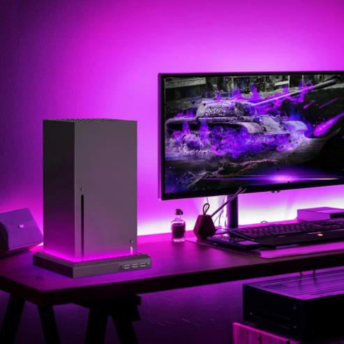 Stand de iluminare RGB pentru consola Xbox Series X/S, cu hub USB cu 3 porturi și bază LED colorată pentru accesorii de gaming