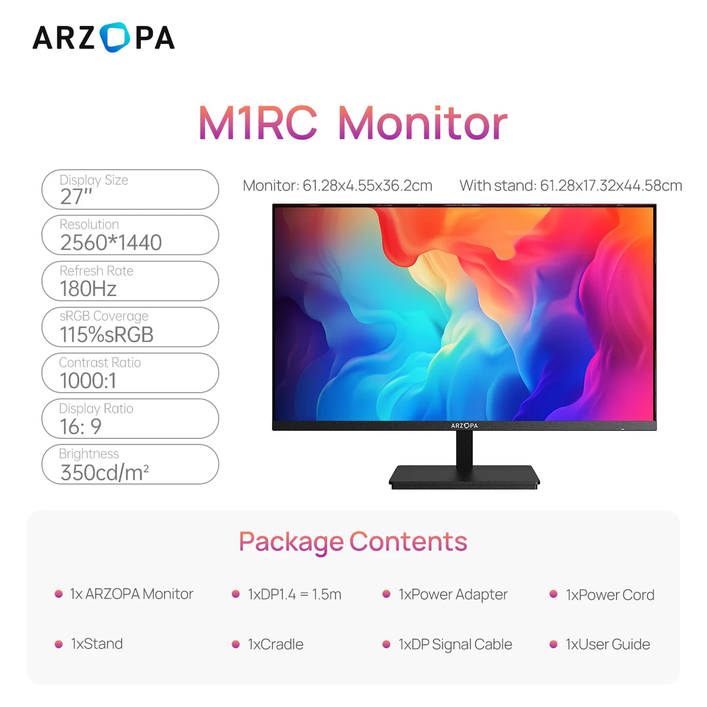 ARZOPA 27inch Monitor 180Hz QHD 2K FastIPS FreeSync Portable Gaming Monitor Second Screen M1RC