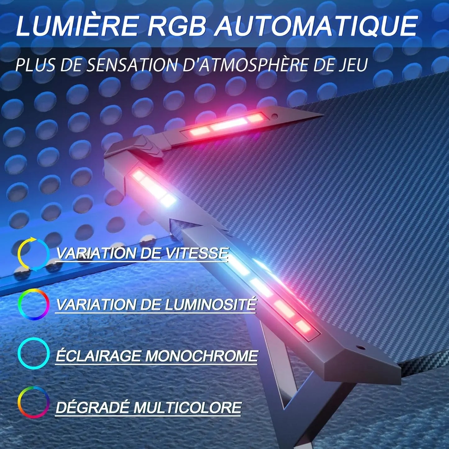Image of RGB automatic lighting features on a gaming desk, showcasing speed variations and multi-color effects.