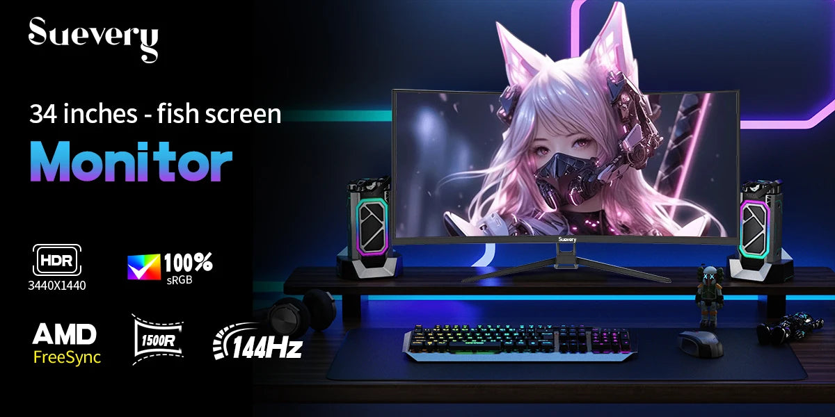 Suevery 34-Inch 4K(3440*1440) 144Hz Curved Gaming Monitor Curved 1500R with FreeSync,HDR10, 1ms,Eye Care