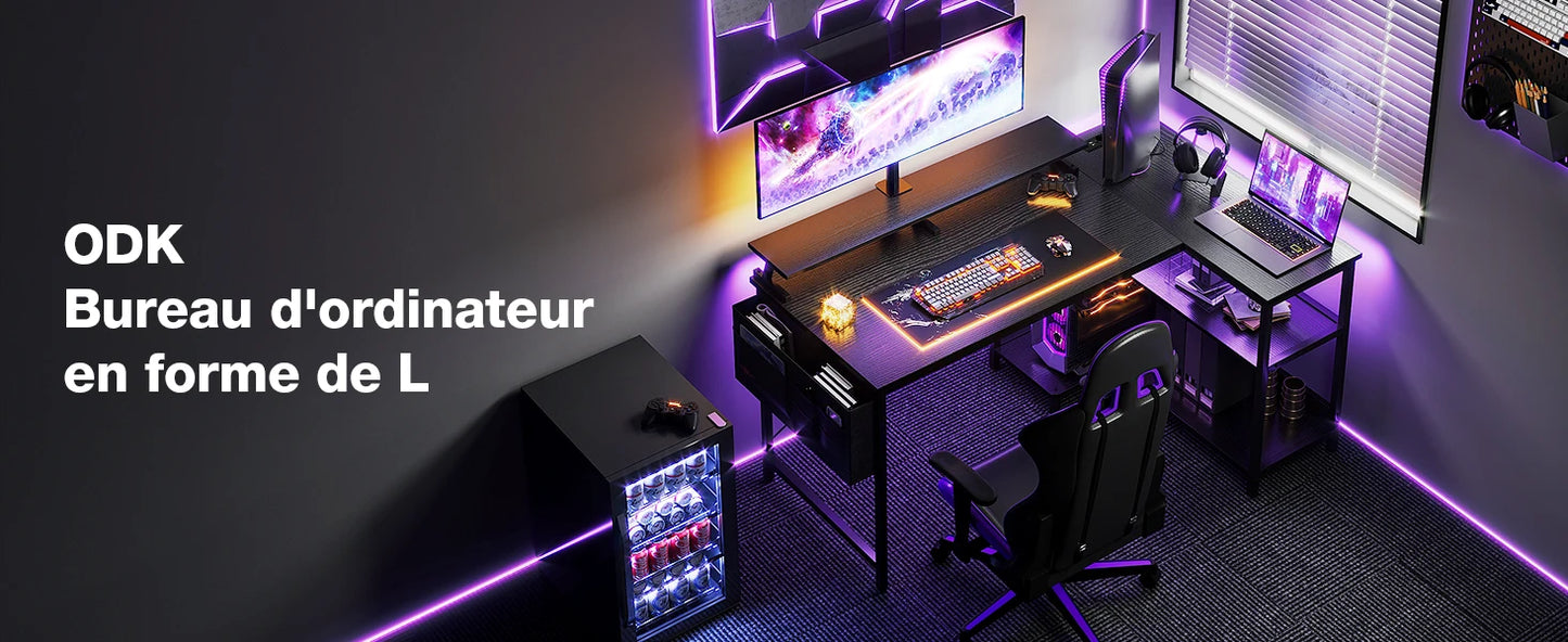 ODK Reversible Corner Desk, 120x80cm L-Shaped Gaming Desk with USB Charging Port and Power Outlet, Computer Table with Su