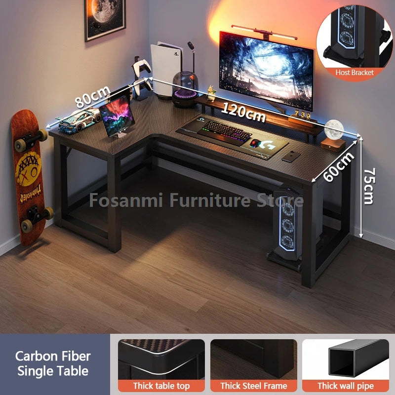 L-shaped gaming desk with shelves, monitor, and gaming setup, perfect for home office and gaming performance.