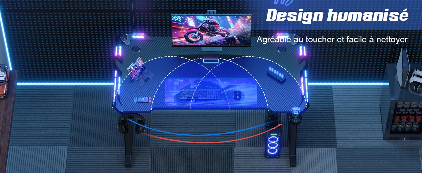 Devoko LED Gaming Desk 120×60cm, Gamer Desk with RGB Light, Cup Holder and Headphone Hook, Ergon Computer Table