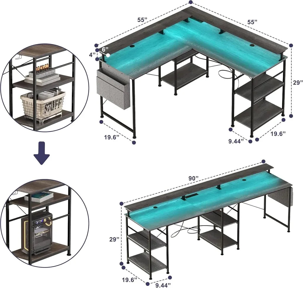 L Shape Gaming table with RGB Lighting and Monitor Stand, L-shaped Computer table with sockets and USB, 140*140*85
