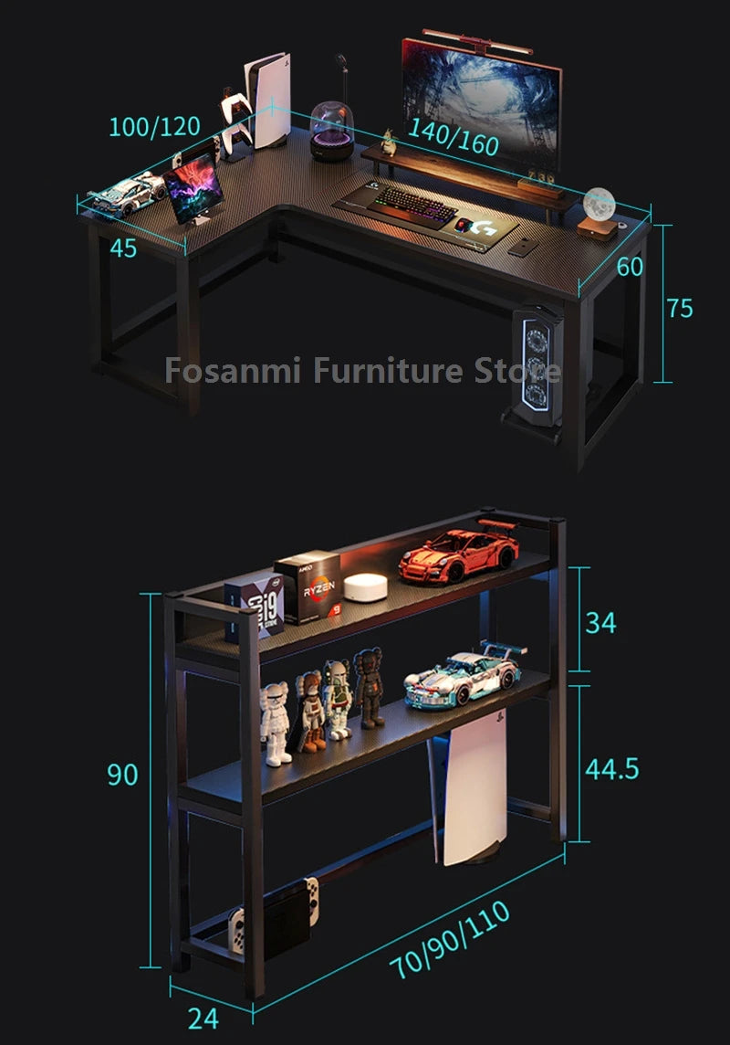 L-shaped gaming desk with shelves, monitor, and gaming setup, perfect for home office and gaming performance.