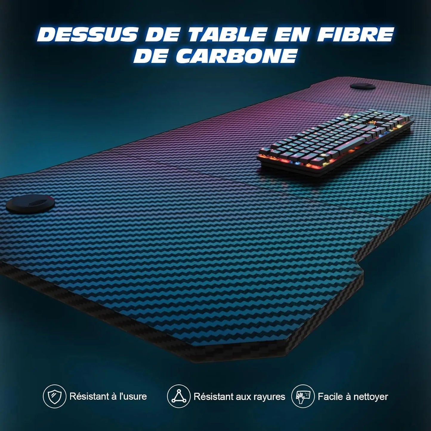 TRIUMPHKEY Bureau Gaming, 120x60CM Table de Jeu, Bureau Robuste pour Ordinateur Ergonomique,Surface en Fibre de Carbone,Crochet