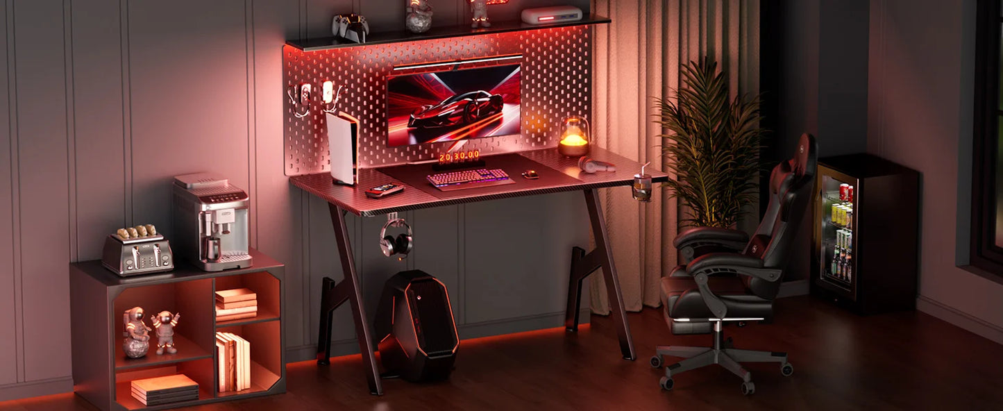 HLFURNIEU 120 x 60 cm Bureau Gaming, Bureau Gamer Informatique Ergonomique, Table Gaming en Fibre de Carbone, Gamer Desk avec Po