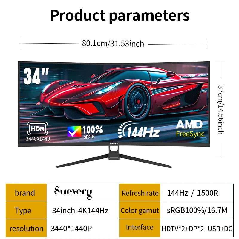 Suevery 34-Inch 4K(3440*1440) 144Hz Curved Gaming Monitor Curved 1500R with FreeSync,HDR10, 1ms,Eye Care