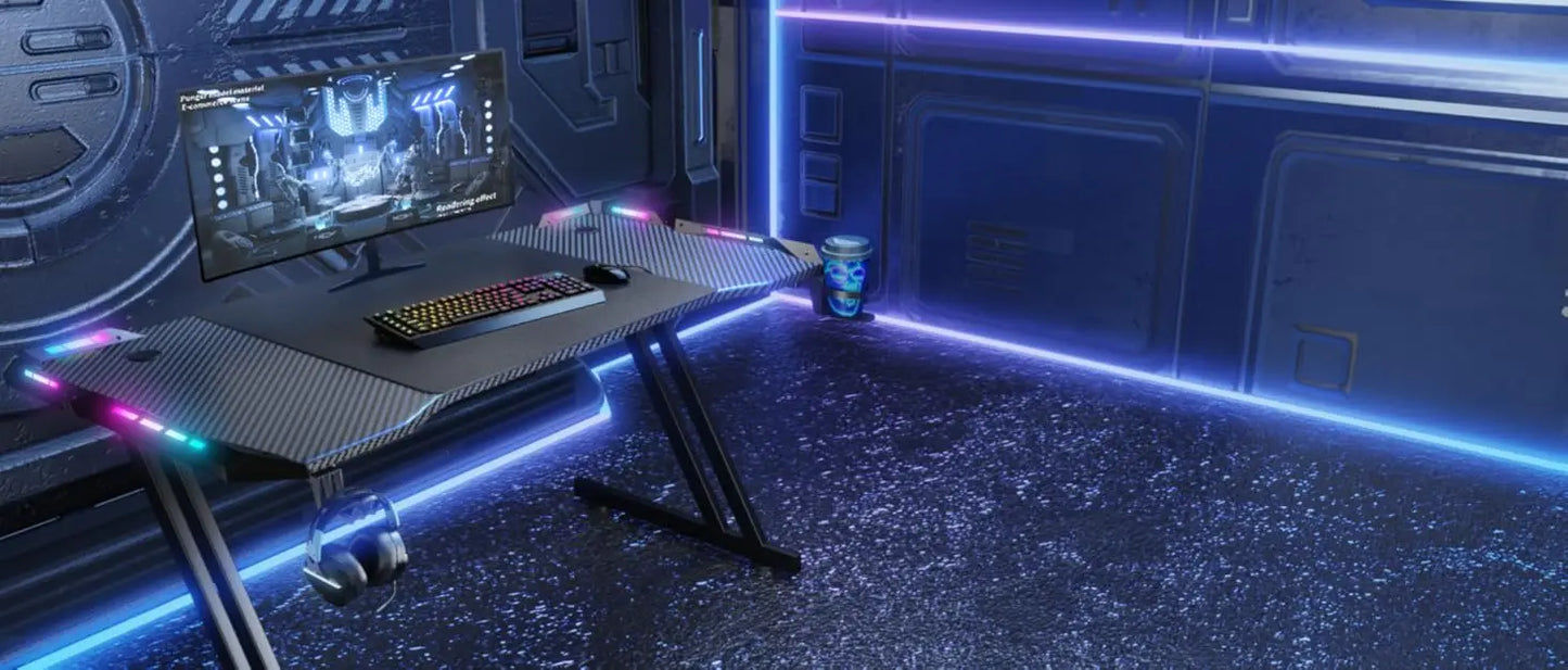 HLONONE LED Gaming Desk 100 x 60 cm, Ergonomic Gamer Desk with Cup Holder and Headphone Hook, Computer Desks