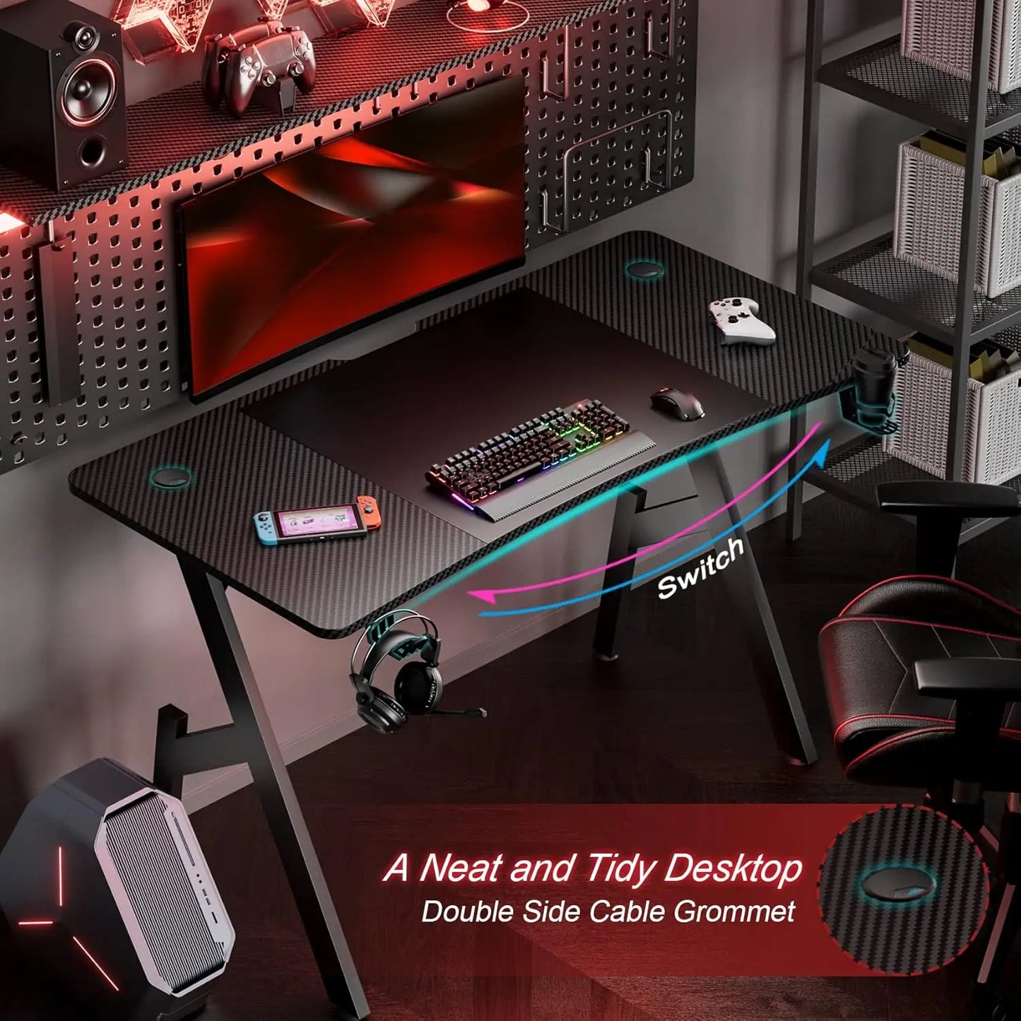 HLFURNIEU 120 x 60 cm Bureau Gaming, Bureau Gamer Informatique Ergonomique, Table Gaming en Fibre de Carbone, Gamer Desk avec Po