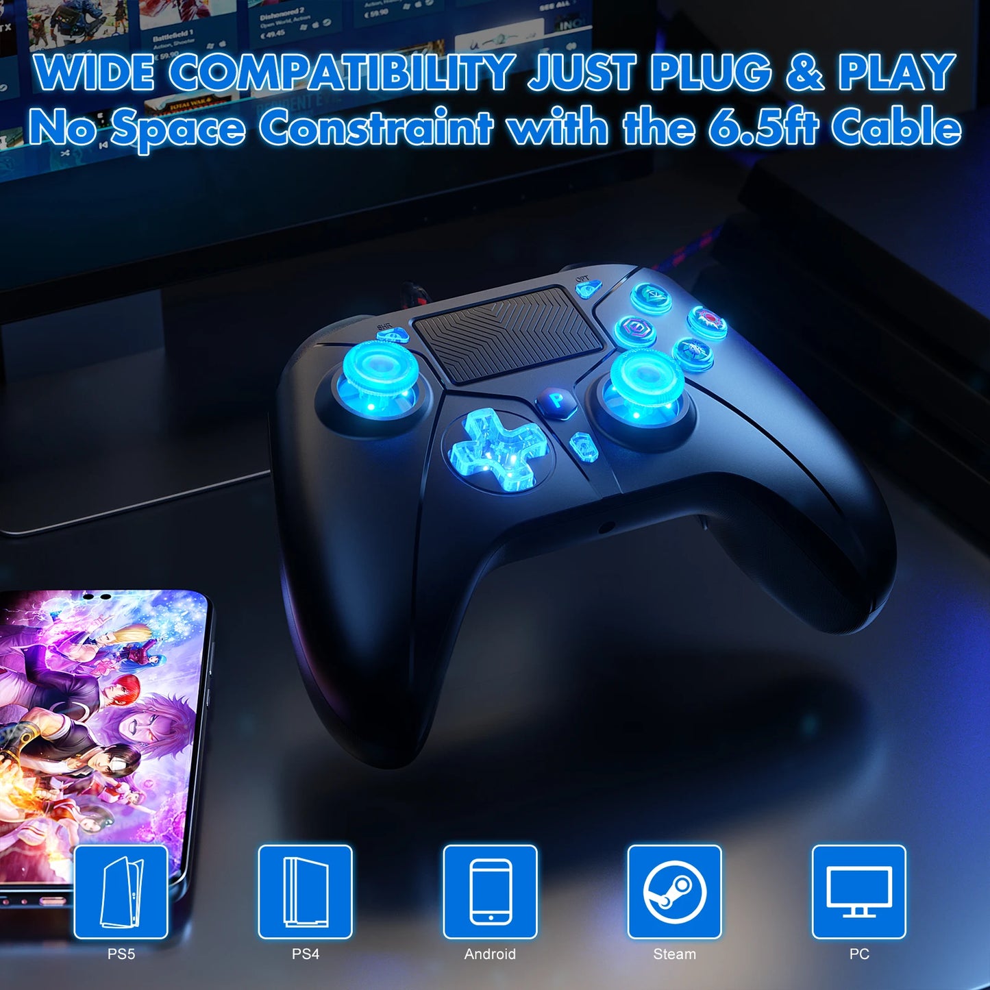 Playstation 5 Controller For Ps5 Ps4 Consolas , Compatible With Ps5/Ps4 / Pc, 6-Axis Gyro Dual Vibrate Hall Effect RGB Gamepads