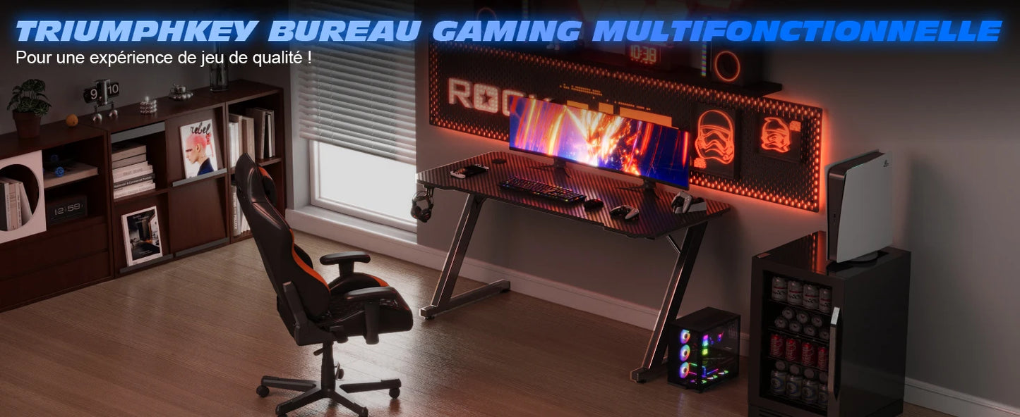 TRIUMPHKEY Bureau Gaming, 120x60CM Table de Jeu, Bureau Robuste pour Ordinateur Ergonomique,Surface en Fibre de Carbone,Crochet