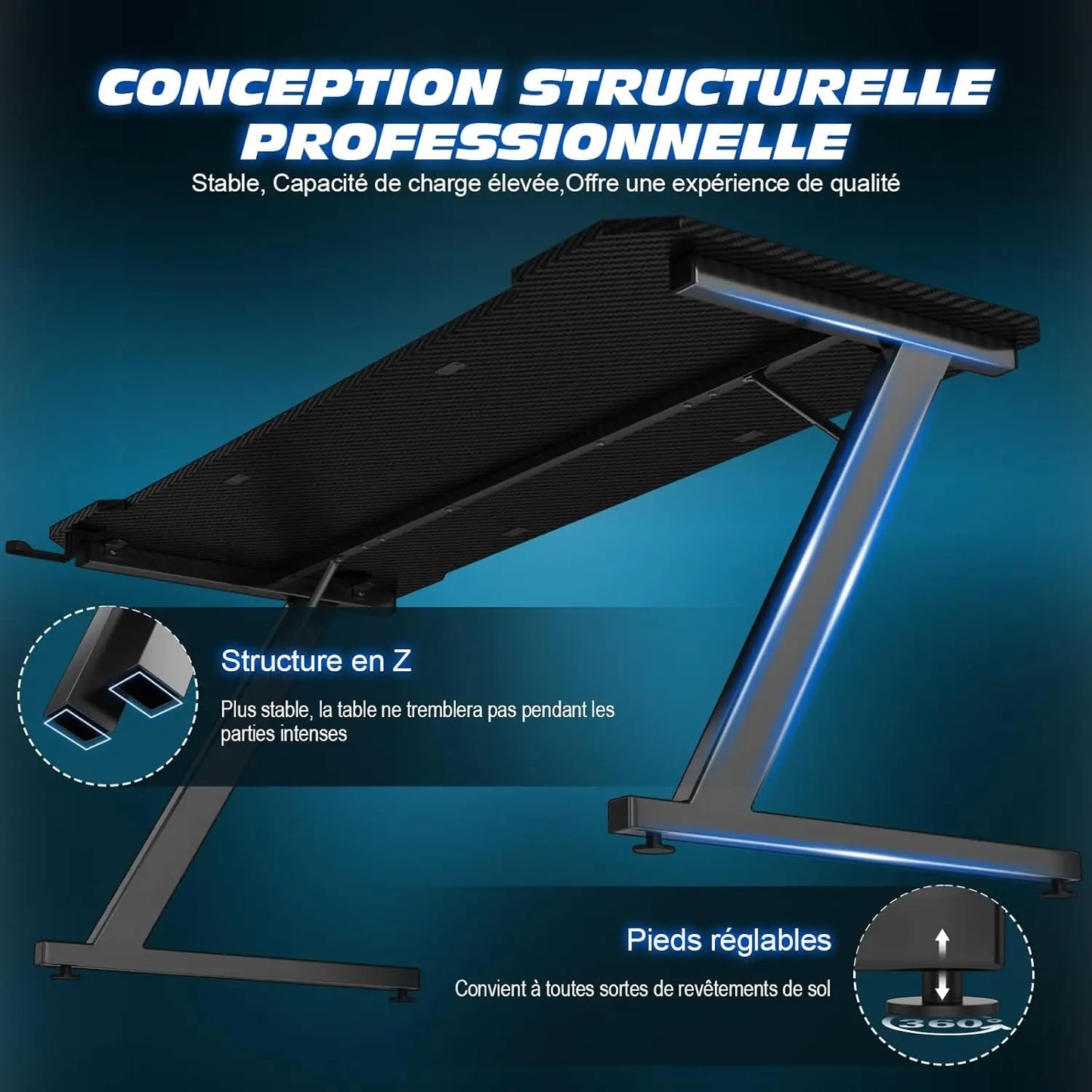 TRIUMPHKEY Bureau Gaming, 120x60CM Table de Jeu, Bureau Robuste pour Ordinateur Ergonomique,Surface en Fibre de Carbone,Crochet