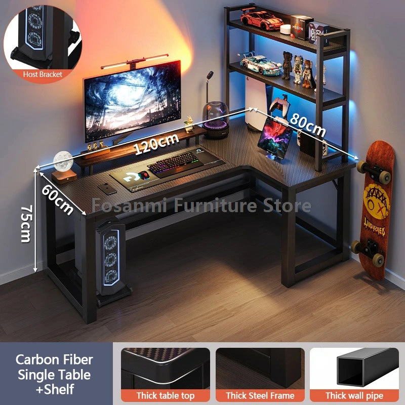 L-shaped gaming desk with shelves, monitor, and gaming setup, perfect for home office and gaming performance.