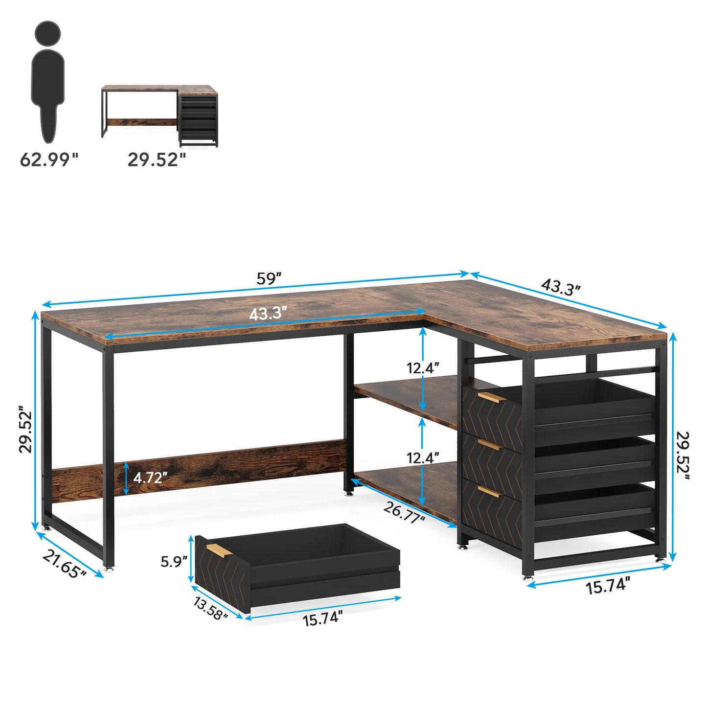Tribesigns Bureau Gamer en L avec Tiroirs et Étagères – Grand Bureau d’Angle Réversible 150 cm pour Bureau à Domicile, Informatique et Gaming