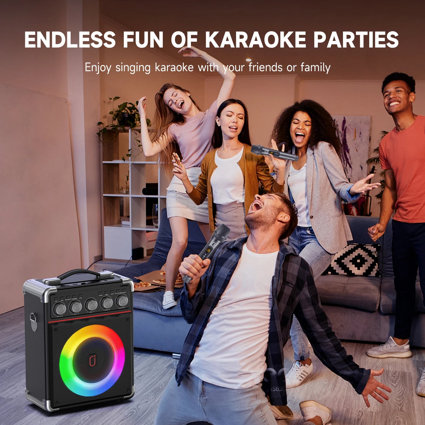 FanFun TX05 – Enceinte Karaoké Bluetooth 5.3 avec Micros Sans Fil, Éclairage DJ, TWS & 24h Autonomie – Système PA pour Maison, Fête, Soirée