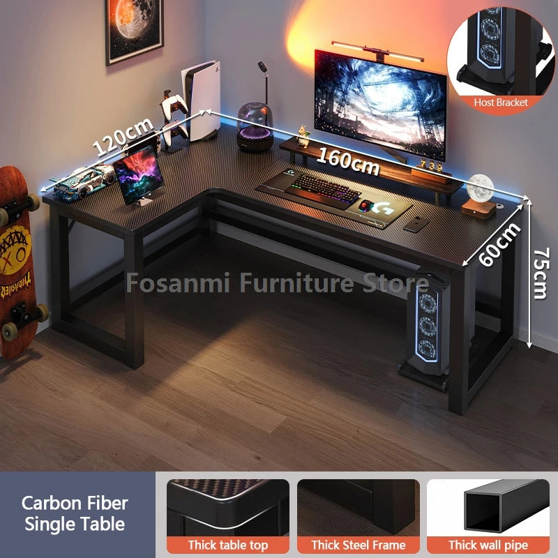 L-shaped gaming desk with shelves, monitor, and gaming setup, perfect for home office and gaming performance.