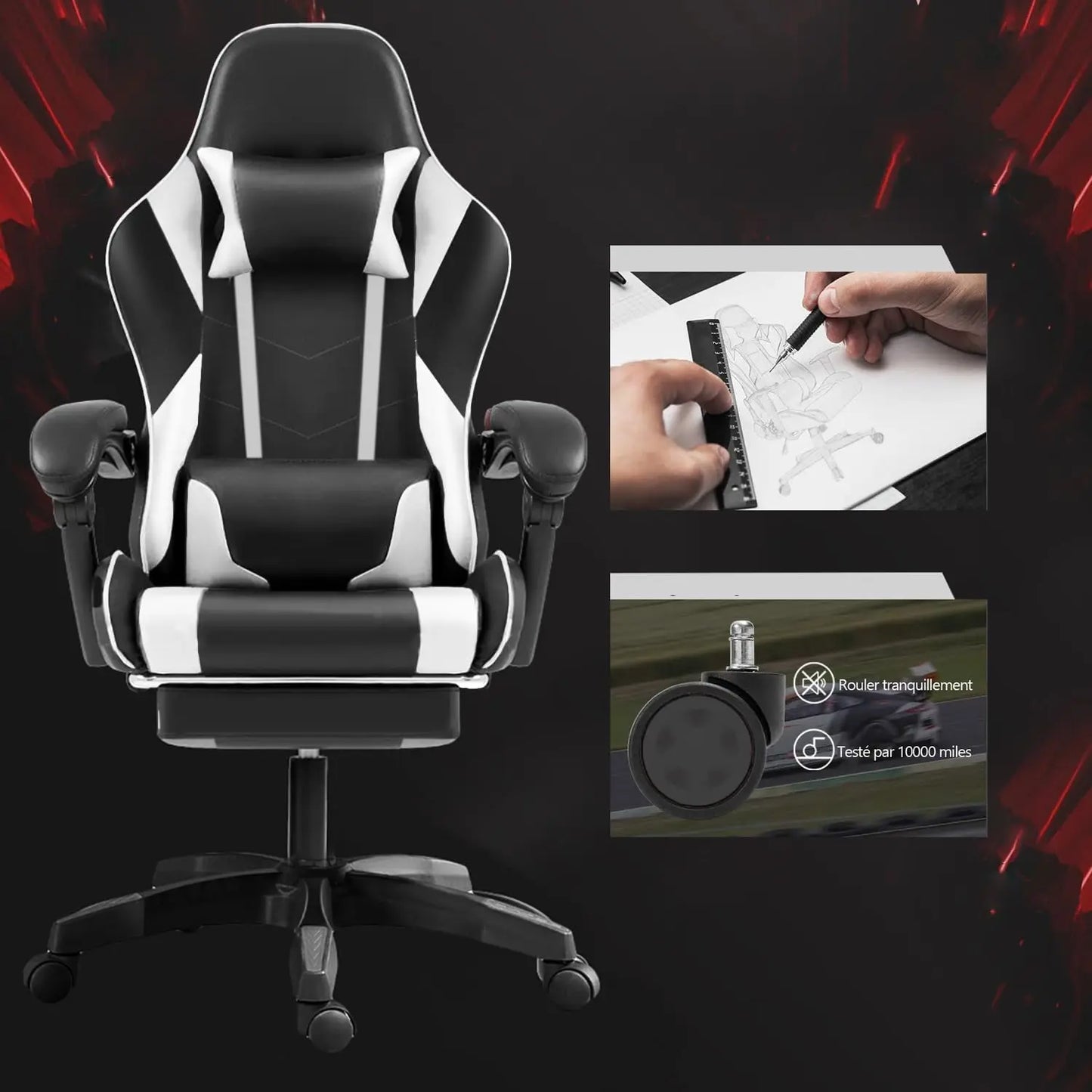 Frixovel Gaming Chair, Adjustable Office Chair, Gaming Chair with Telescopic Footrest (Black and White)