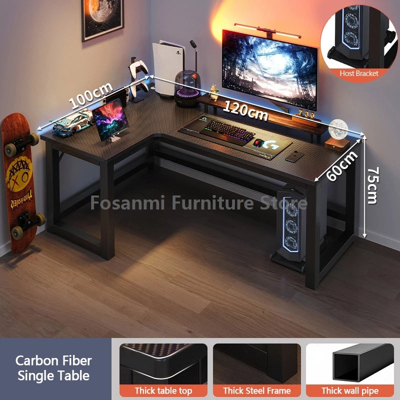 L-shaped gaming desk with shelves, monitor, and gaming setup, perfect for home office and gaming performance.