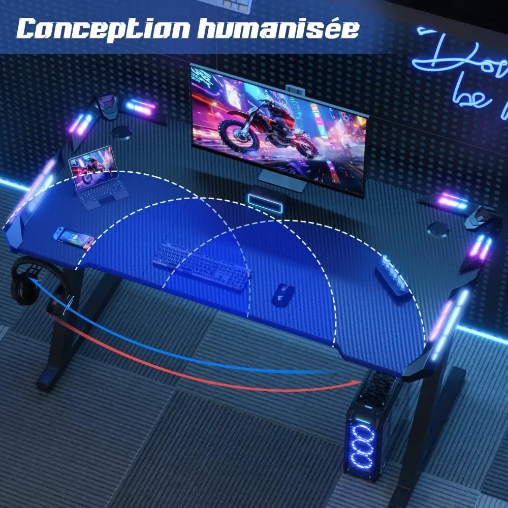 Devoko LED Gaming Desk 120×60cm, Gamer Desk with RGB Light, Cup Holder and Headphone Hook, Ergon Computer Table