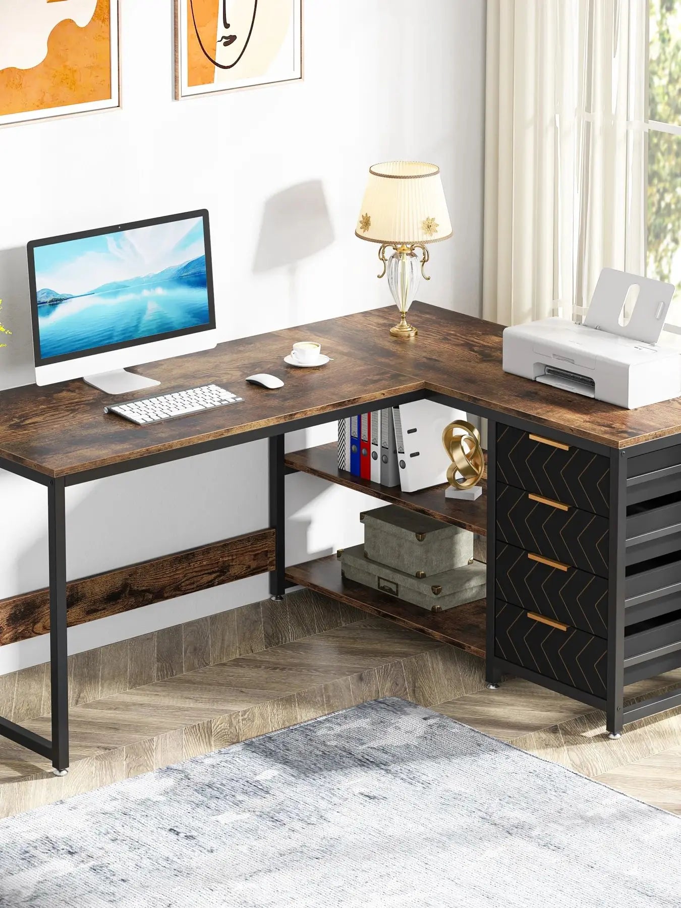 Tribesigns Bureau Gamer en L avec Tiroirs et Étagères – Grand Bureau d’Angle Réversible 150 cm pour Bureau à Domicile, Informatique et Gaming