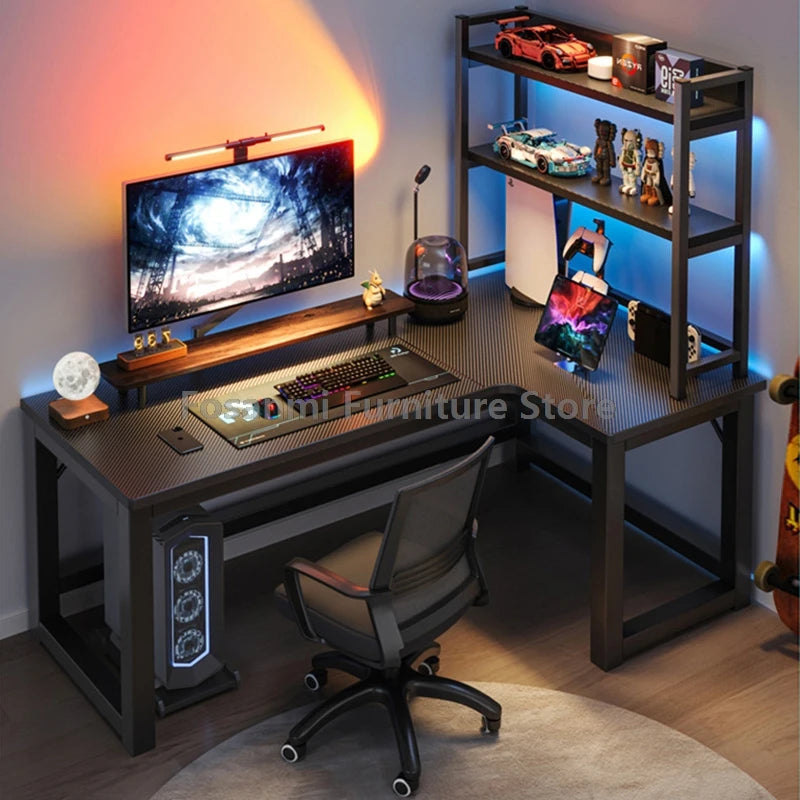 L-shaped gaming desk with shelves, monitor, and gaming setup, perfect for home office and gaming performance.