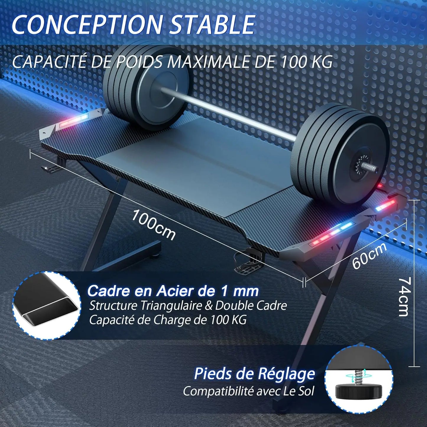 HLONONE LED Gaming Desk 100 x 60 cm, Ergonomic Gamer Desk with Cup Holder and Headphone Hook, Computer Desks