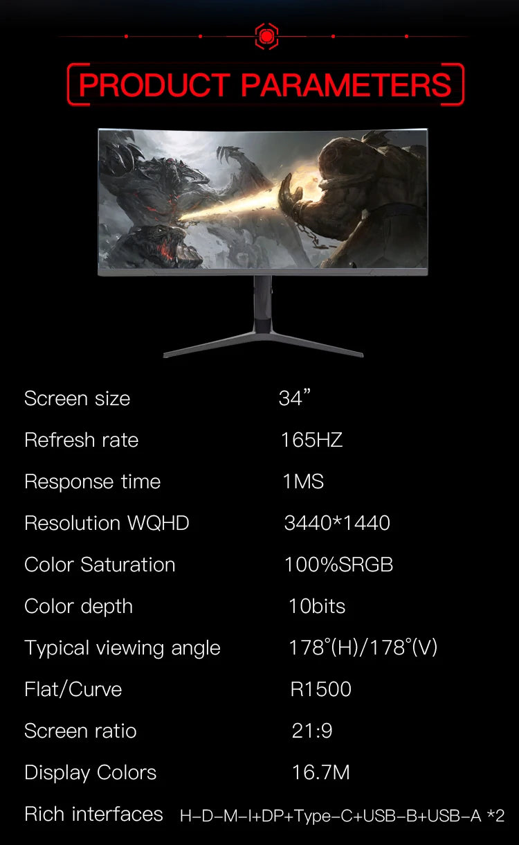 TJXL-34 Inch Curved Monitor 144HZ Computer Screen PC Monitor 4K Gaming Monitors