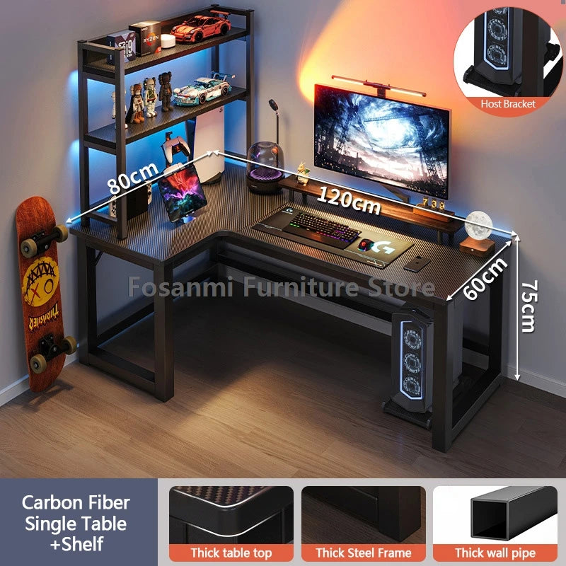 L-shaped gaming desk with shelves, monitor, and gaming setup, perfect for home office and gaming performance.