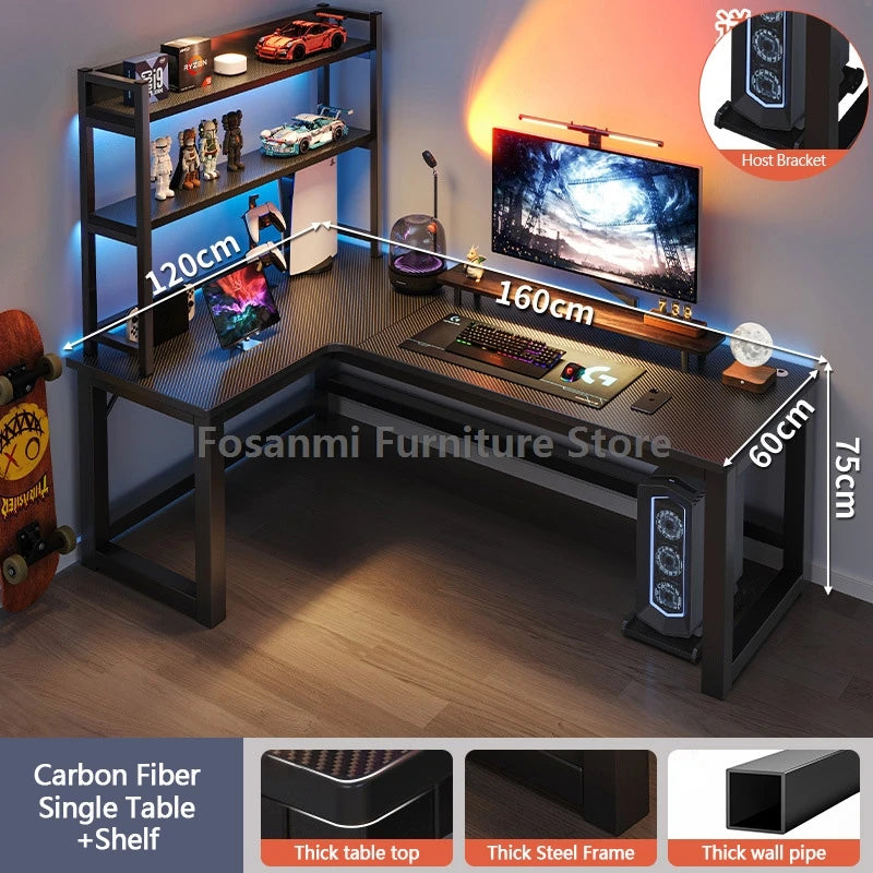 L-shaped gaming desk with shelves, monitor, and gaming setup, perfect for home office and gaming performance.