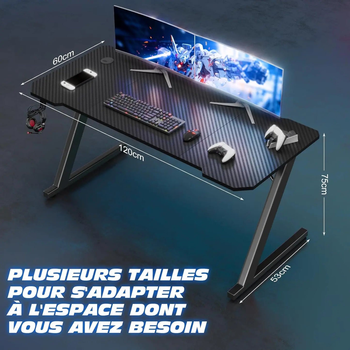 TRIUMPHKEY Bureau Gaming, 120x60CM Table de Jeu, Bureau Robuste pour Ordinateur Ergonomique,Surface en Fibre de Carbone,Crochet