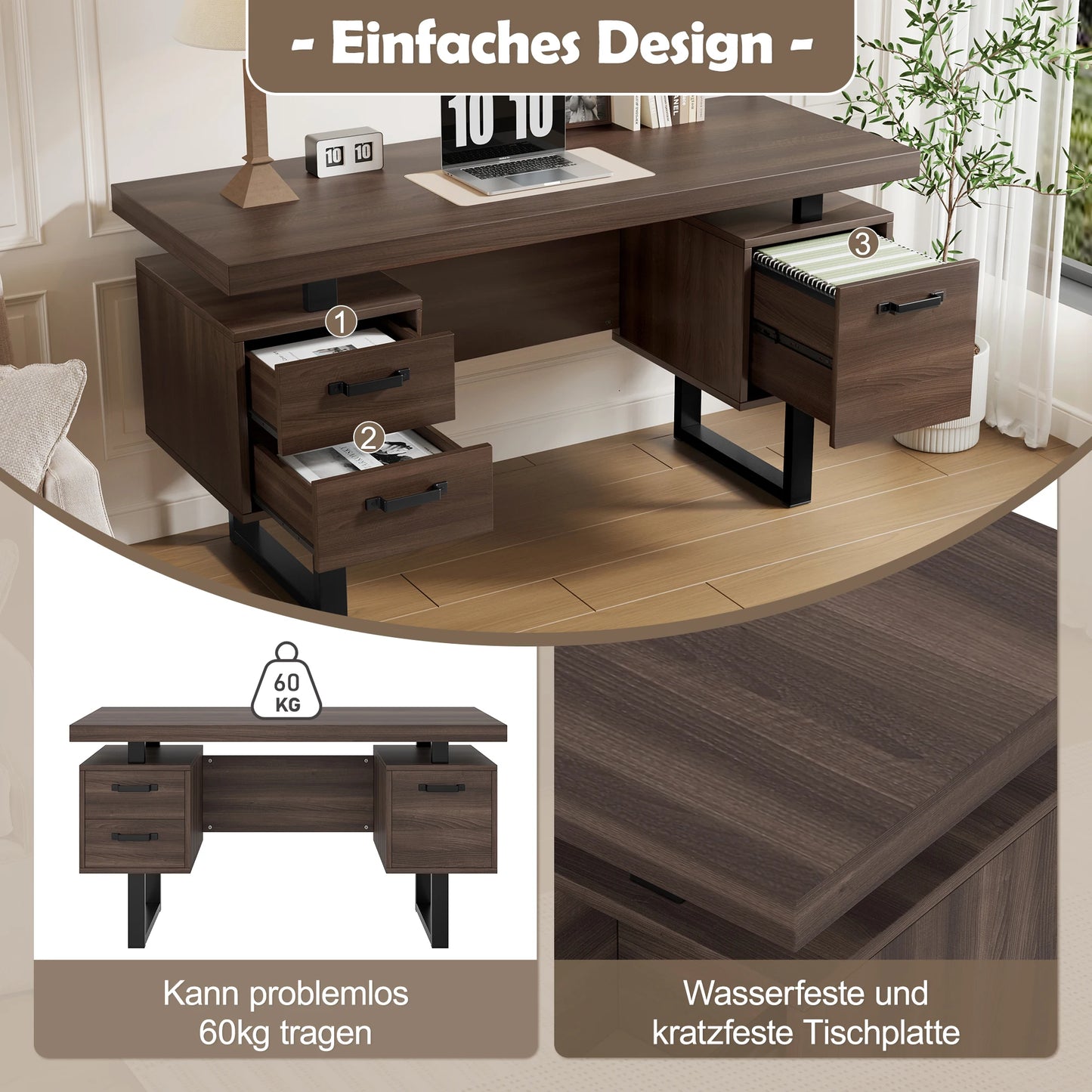Modern Desk 135×54 cm with Silent Drawers – High-End MDF & Steel