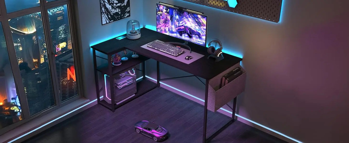 BEXEVUE Bureau Gaming d'angle, 100x70 cm Petit Table Forme L Bureau Etagères Rangements, Angle Réversible Gaming Bureau Informat
