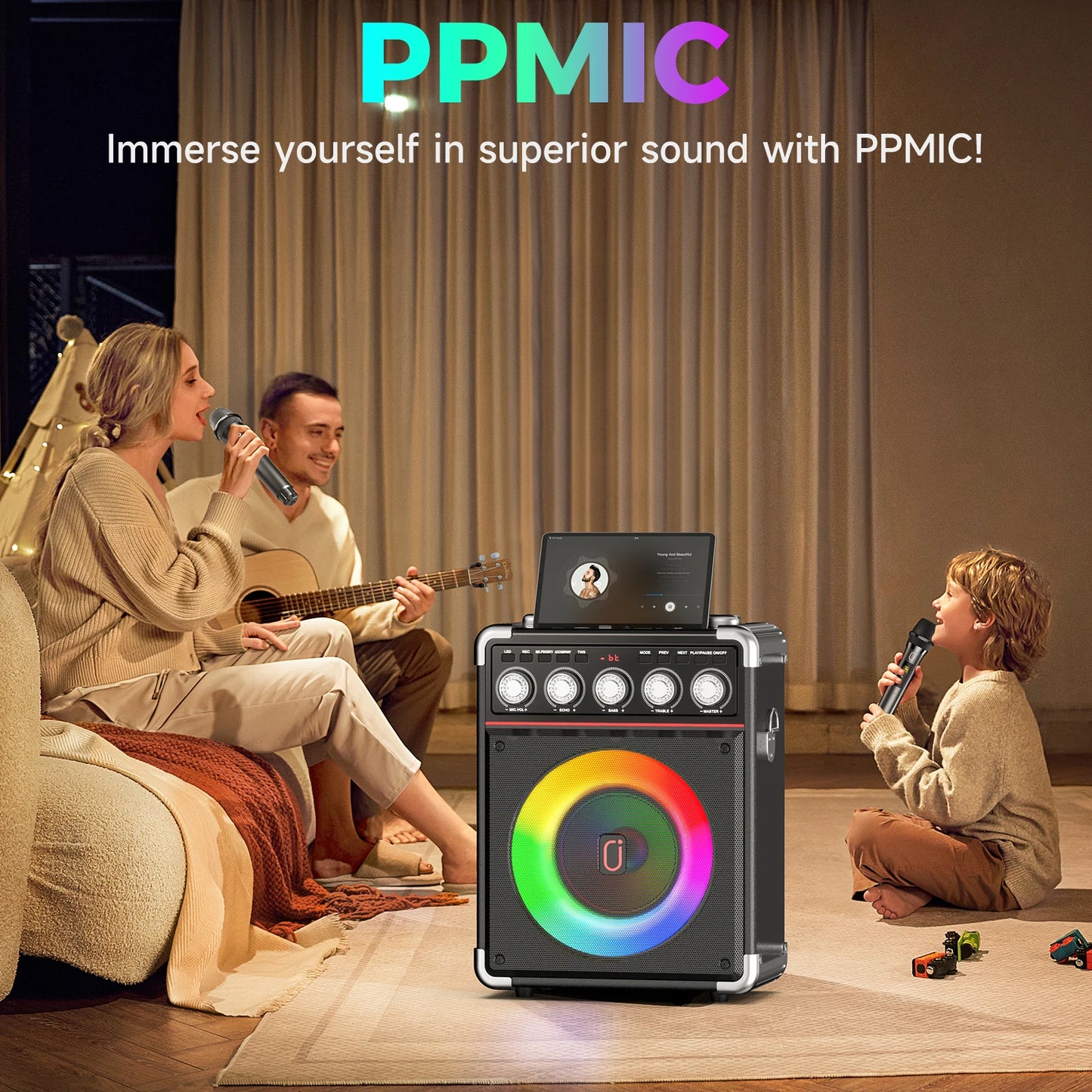 FanFun TX05 – Enceinte Karaoké Bluetooth 5.3 avec Micros Sans Fil, Éclairage DJ, TWS & 24h Autonomie – Système PA pour Maison, Fête, Soirée