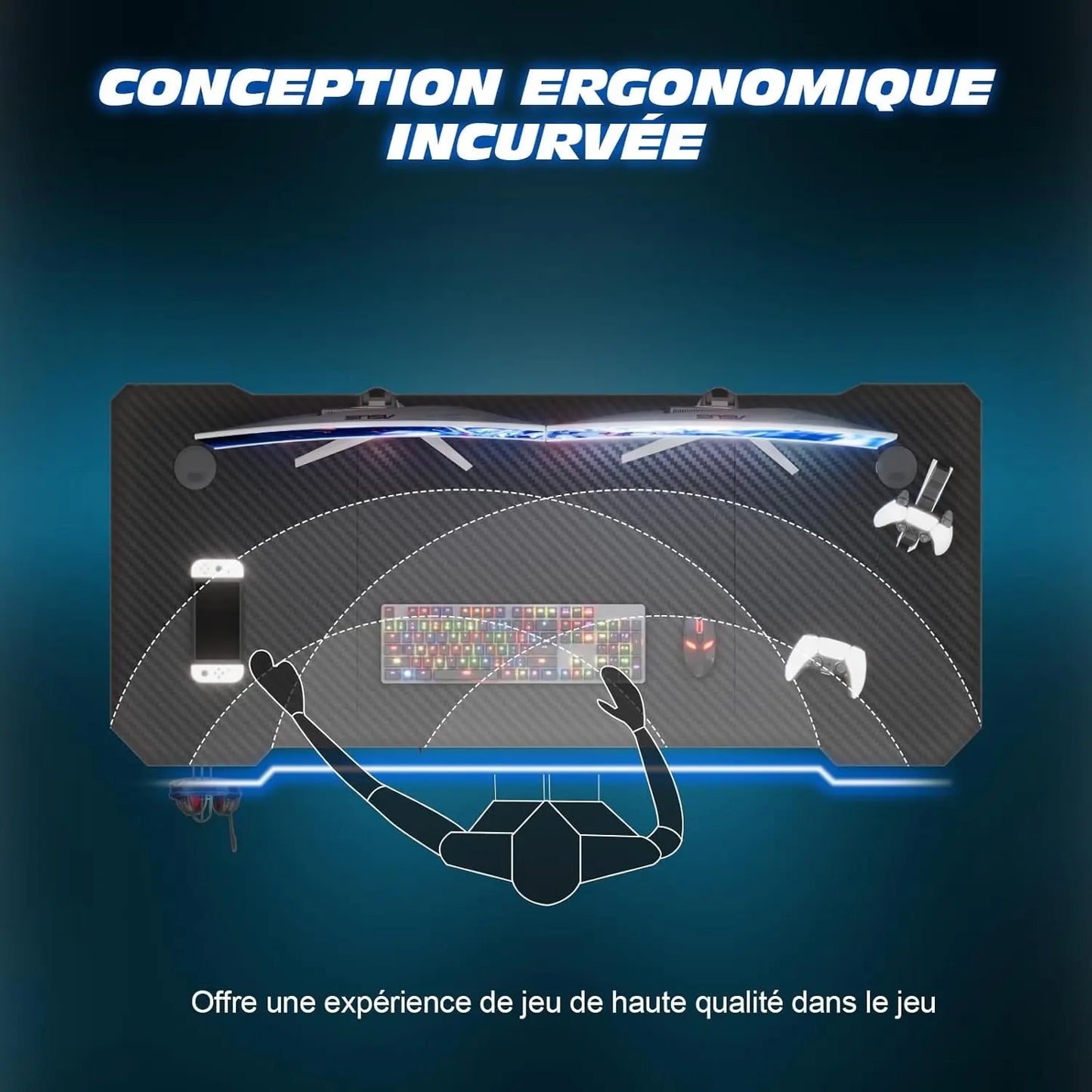 TRIUMPHKEY Bureau Gaming, 120x60CM Table de Jeu, Bureau Robuste pour Ordinateur Ergonomique,Surface en Fibre de Carbone,Crochet