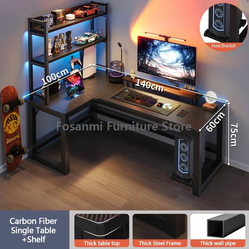 L-shaped gaming desk with shelves, monitor, and gaming setup, perfect for home office and gaming performance.