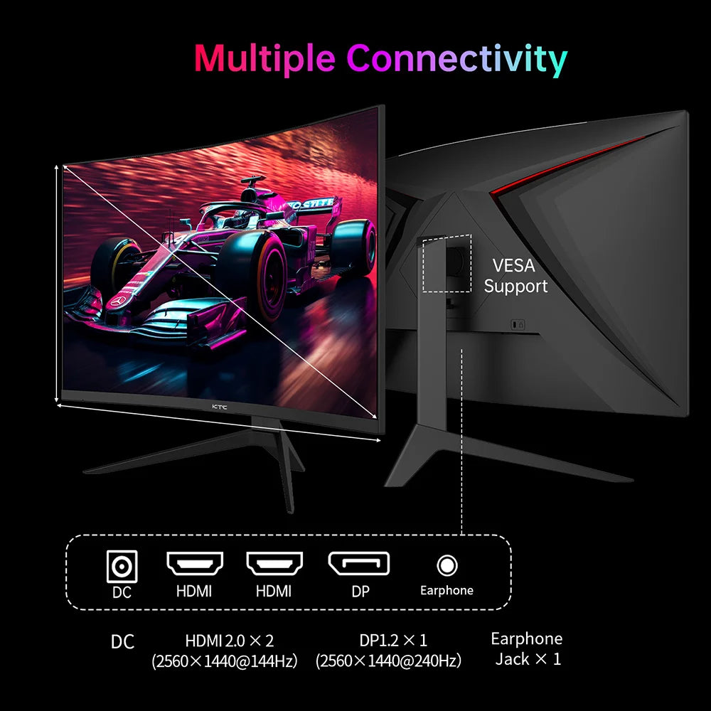 KTC H27S25E Gaming Monitor, 27 inch 2560*1440 QHD CSOT HVA Screen, 1000R Curvature, 240Hz Refresh Rate, 1ms MPRT Response Time