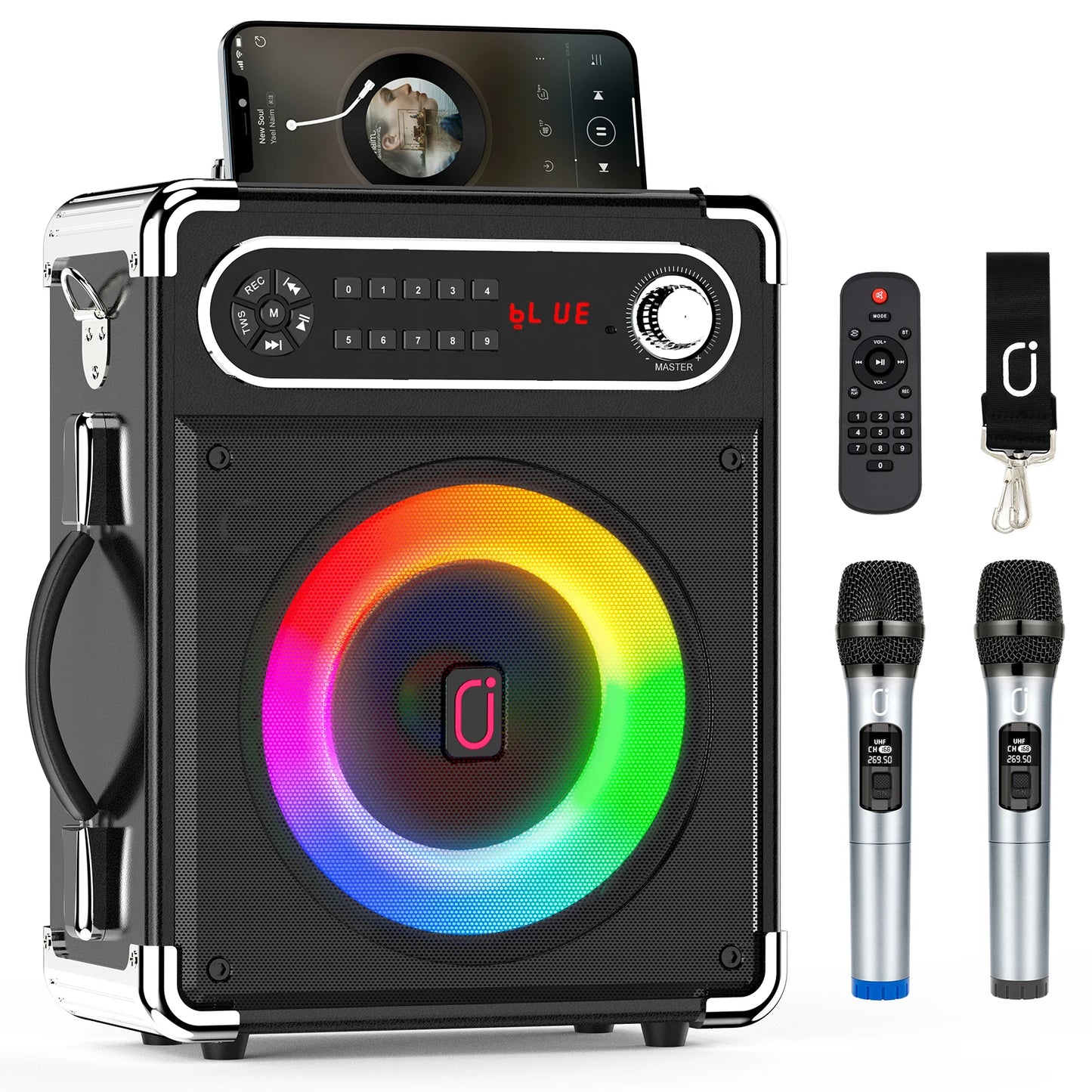 Bluetooth Karaoke Machine, Home Karaoke System, Wireless Speaker with FM Radio, 2 Karaoke Microphone, Remote Control