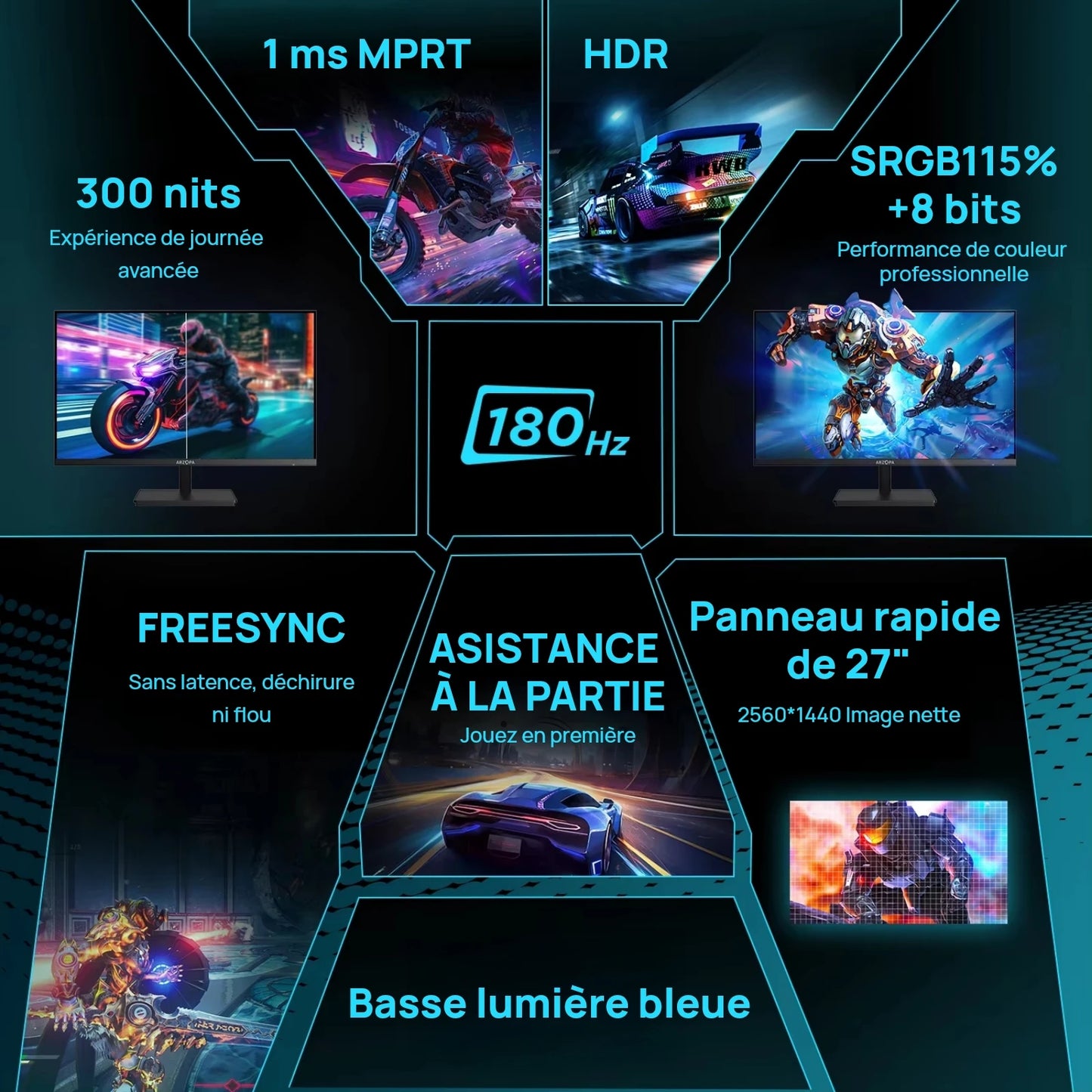 ARZOPA 27inch Monitor 180Hz QHD 2K FastIPS FreeSync Portable Gaming Monitor Second Screen M1RC